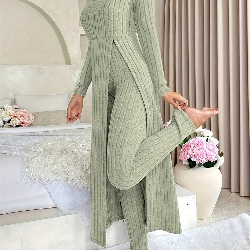 2pcs Women's Designer Round Neck Split Long Sleeve Top and Pants.