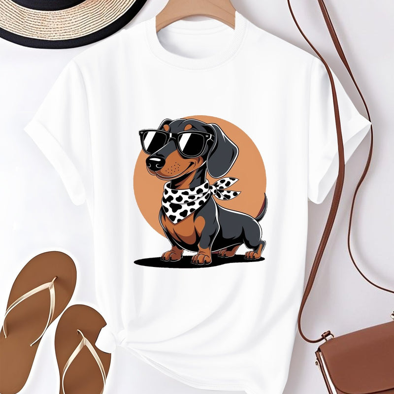 Women's T-Shirt Featuring a Cartoon Dachshund Wearing Glasses.
