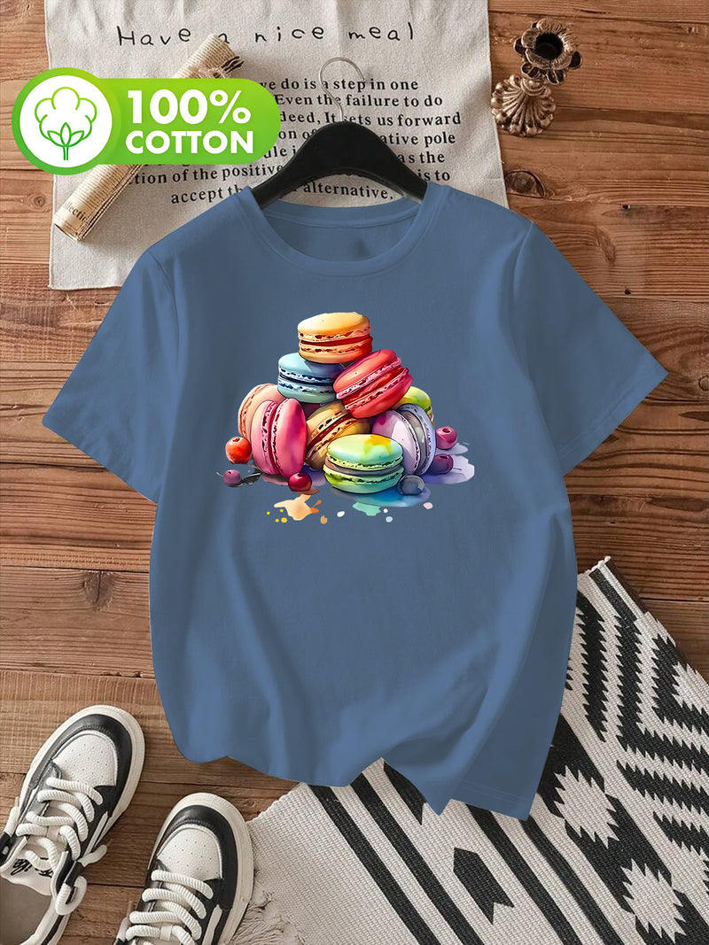 Women's Stylish Macaron Print Round Neck Short Sleeve T-Shirt.