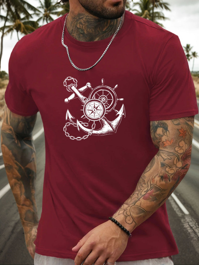Men's Casual Summer T-Shirt with Anchor and Compass Graphic.