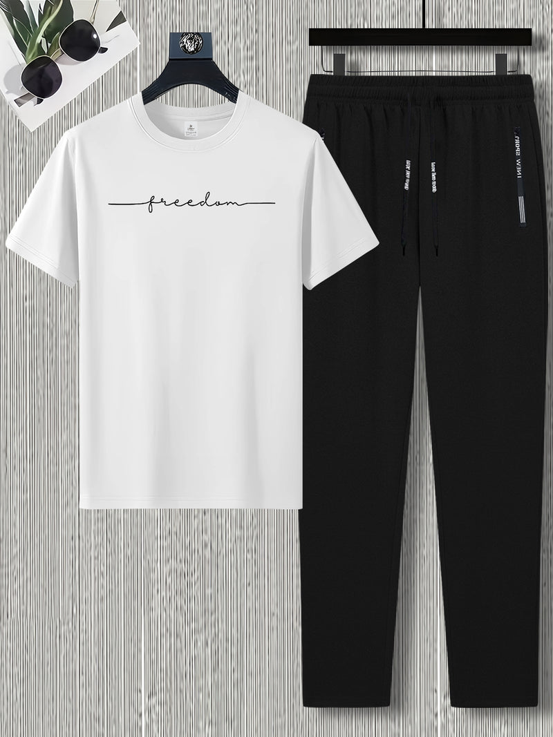 Men's Summer Design Short-Sleeve Set with Stylish Line Prints Paired.