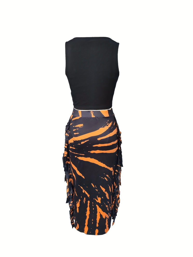 Women’s Stylish Vest and Fringe Skirt Print Set.