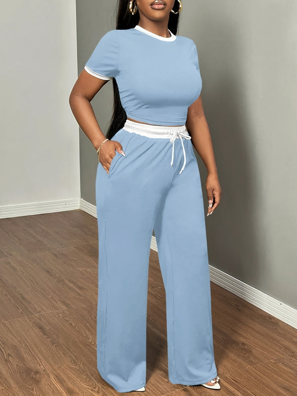 Women's Sexy Color Block Short-Sleeved T-Shirt And High-Waisted Belt Bandage Trousers.