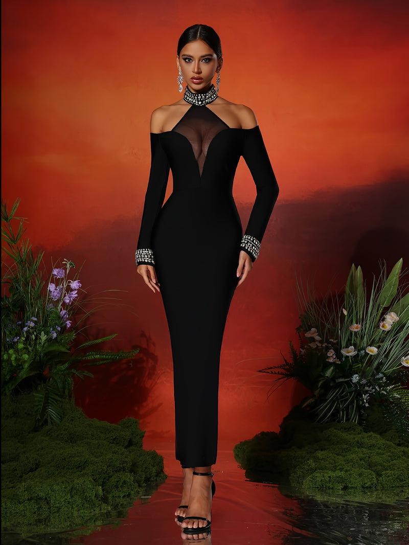 Ladies' Fashion Design Diamond Mesh Spliced Backless Evening Dress.