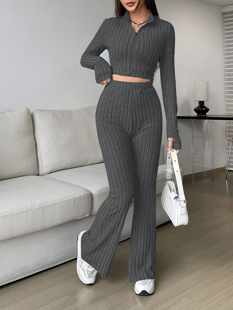 Women's Slim-Fit Zip-Up Shirt and Flared Pants Set.