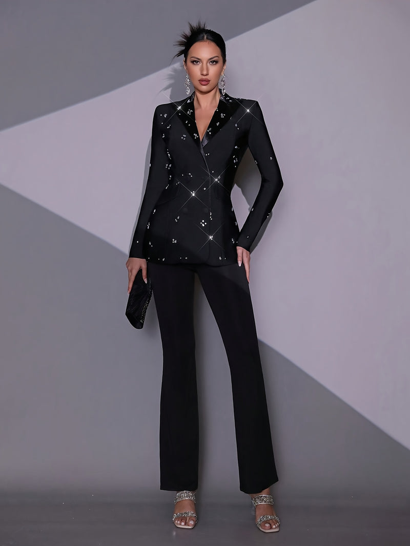 Black Sexy Heavy-Duty Shiny Diamond Long-Sleeve Blazer and Pants for Women.