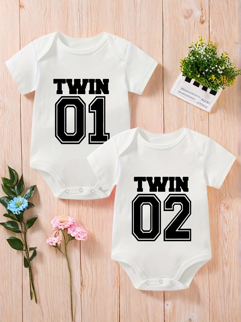 2pcs Baby Outfit, Twin Baby Outfit 01, 02 Number Print.