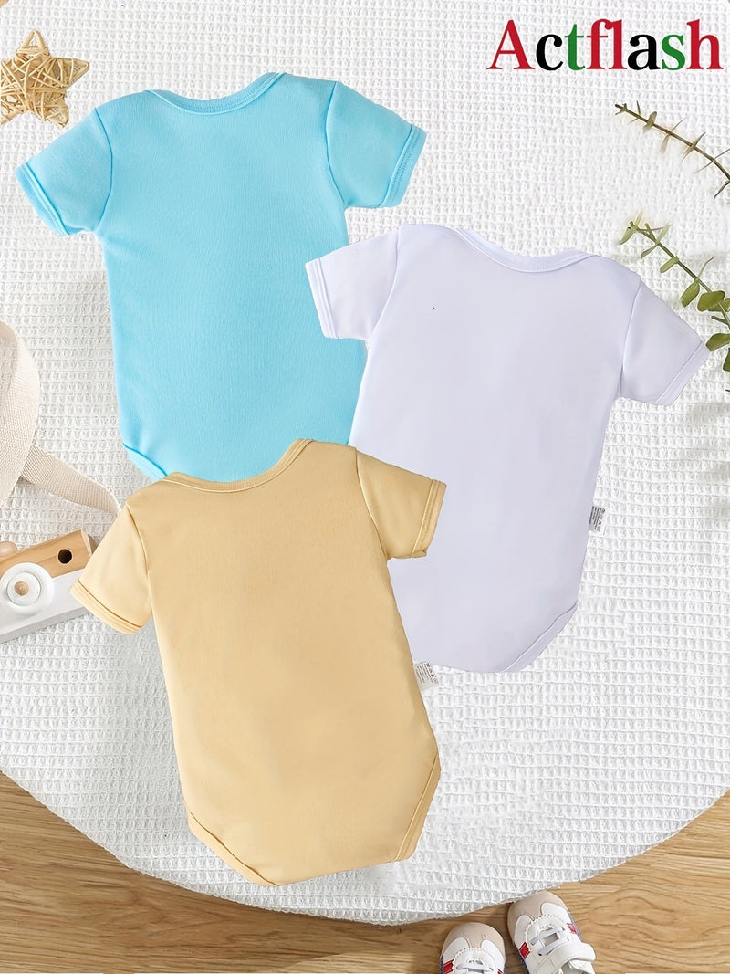 3pcs Cute Animal Print Baby Bodysuits | Soft Comfortable Crew Neck Newborn.
