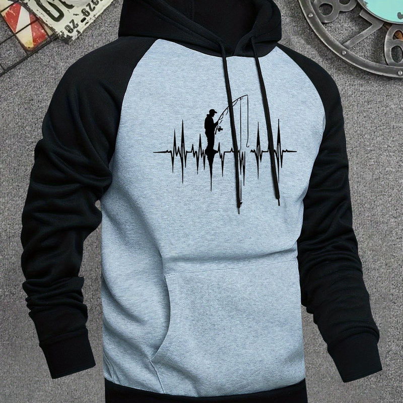 Men's Hooded Sweatshirt with Fishing Pattern Print.