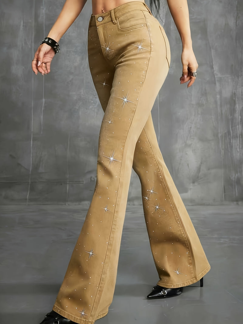 Women's Fashion Carnival Denim Rhinestone Low-Rise Flare Jeans.
