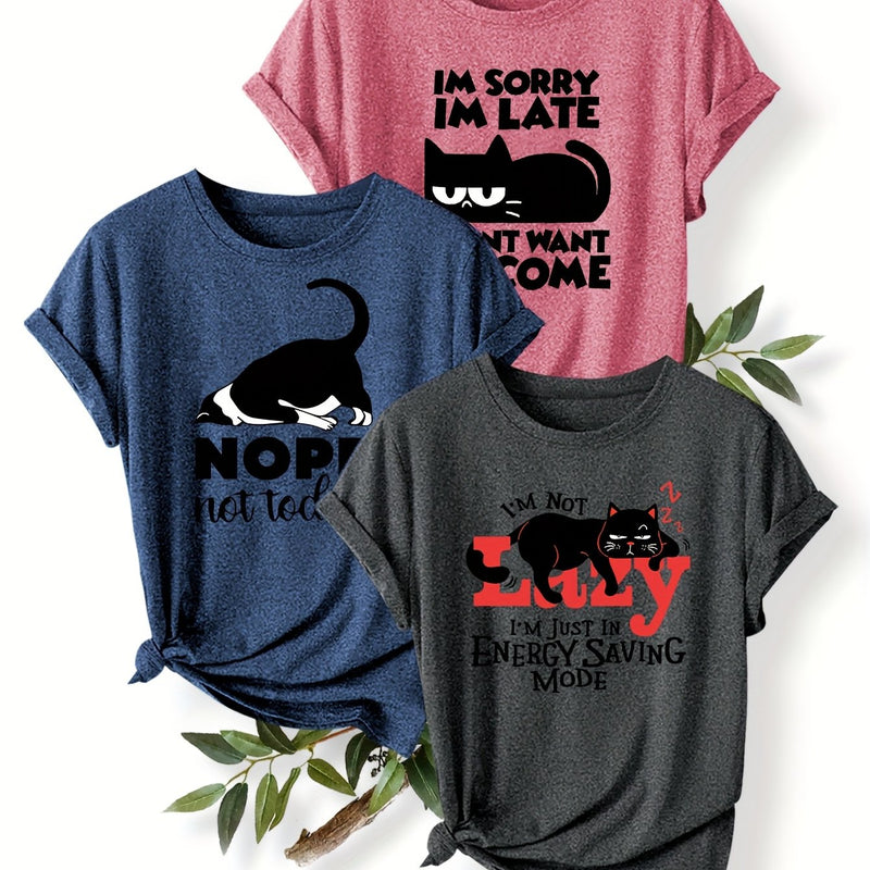 3pcs Women’s Featuring a Round-Neck Short-Sleeve T-Shirt.