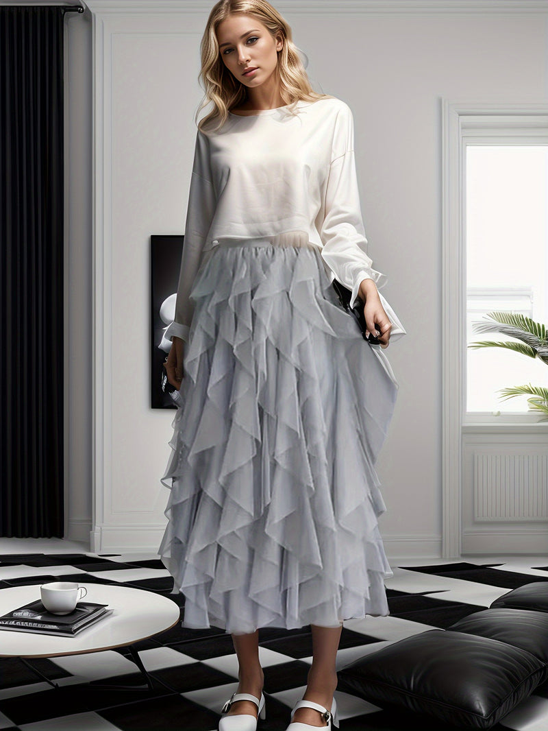 Women’s Irregular High-Waisted A-Line Tulle Skirt, Layered Tulle Skirt.