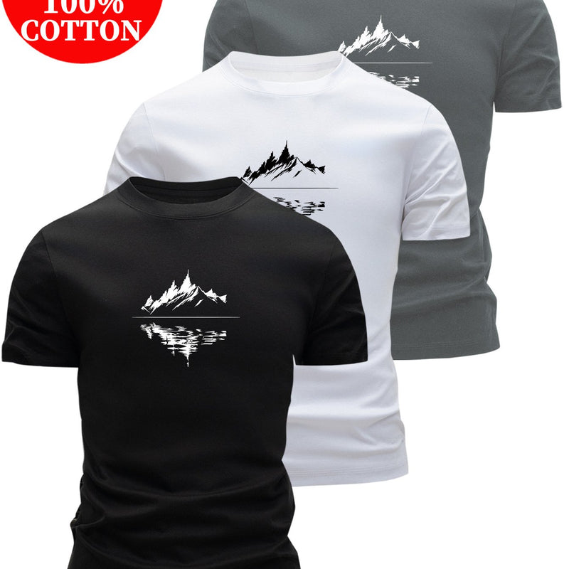 3pcs 100% Cotton T-Shirts with Landscape Pattern.