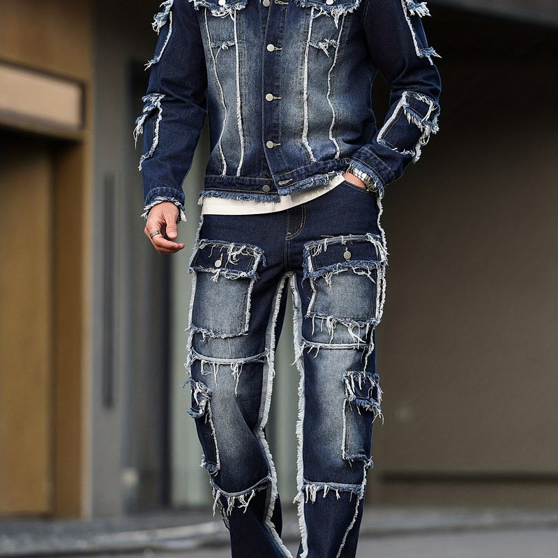 Men's High Street Style Distressed Raw Hem Patchwork Denim Set.