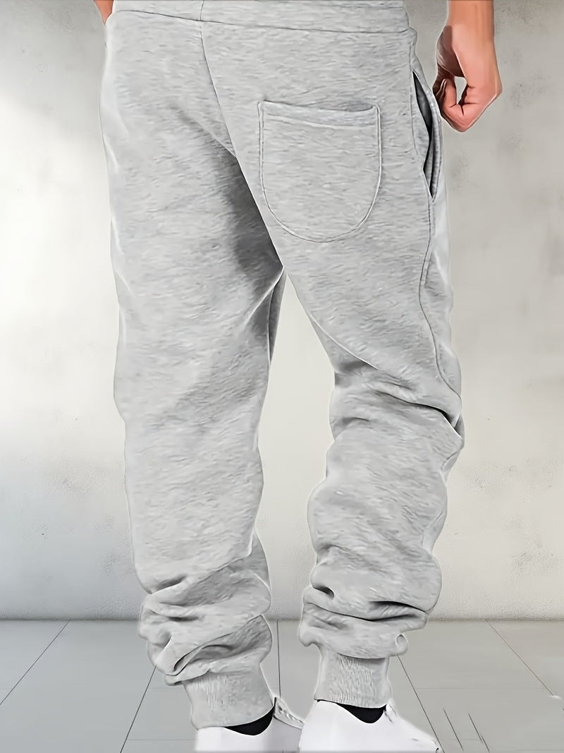 Men's Solid Color Loose Sports Pants, Micro Elastic Warm Thick Casual Pants.