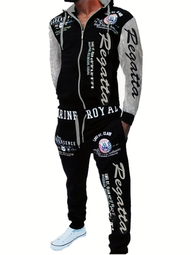 Men's Hooded Sweatshirt with Letter Print, Two-Piece Sports Running Outfit.