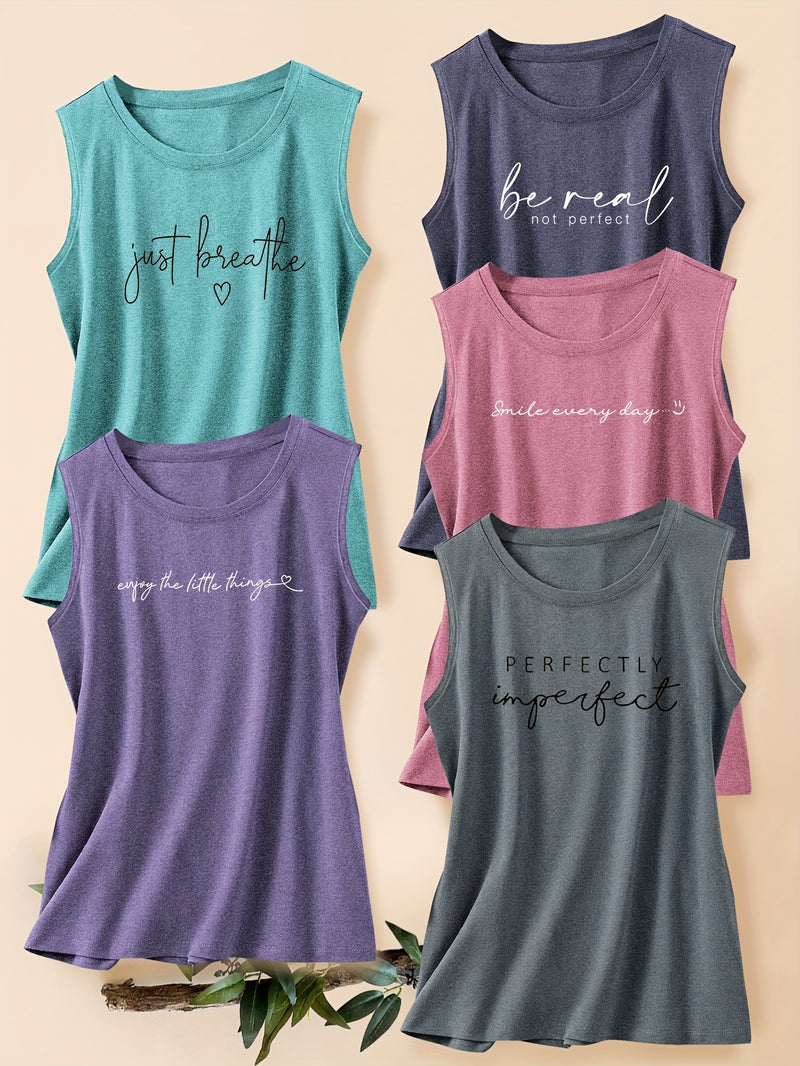 5pcs Women's Vest Tops with English Letter Print.