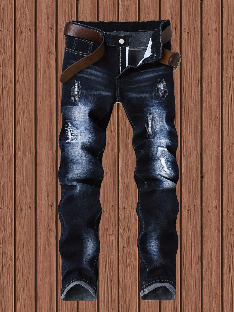 Men's Slim-Fit Stretch Denim Jeans in Dark Blue, Suitable for All Seasons.
