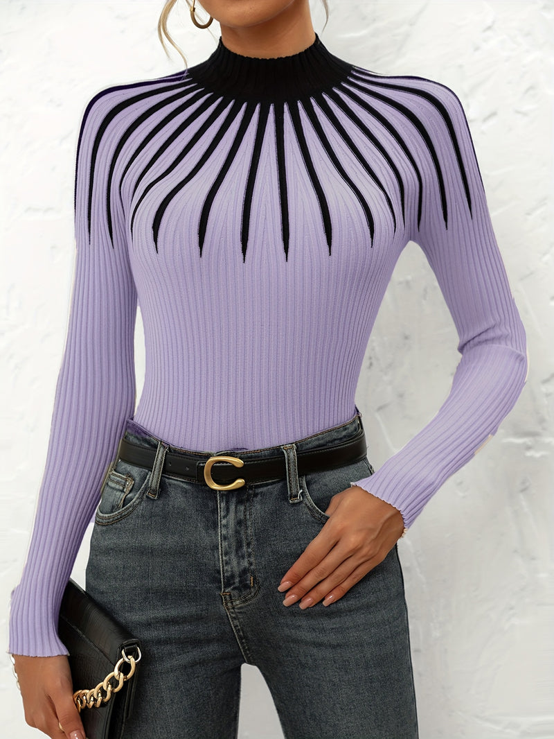 Women's Color Block Ribbed Elegant Long Sleeve Pullover.