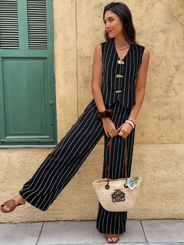 A Stylish Striped Vest And Long Pants Two-Piece Set for Women.