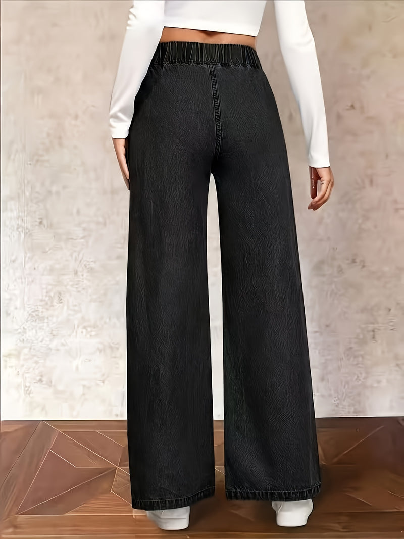 Women's Washed Casual High-Waisted Elastic Waistband Blue Jeans.