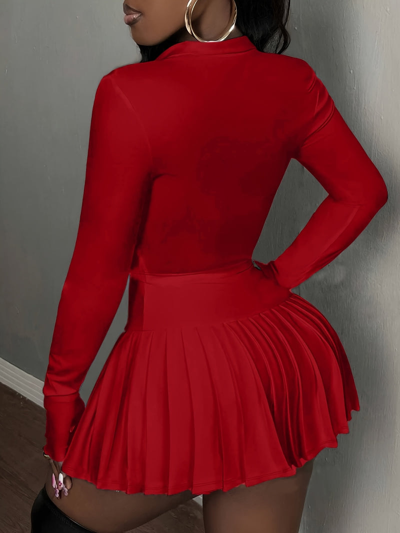 2pcs Women'S Casual V-Neck Zip-Up Top And Pleated Mini Skirt Set.