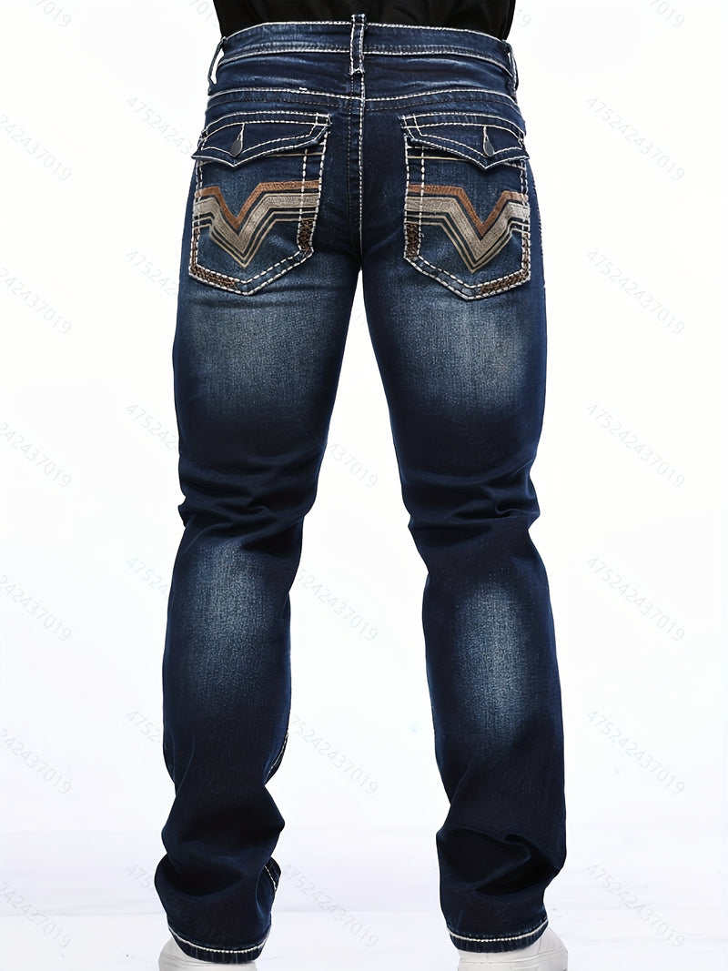 Men's Vintage-Inspired Slim Fit Embroidered Stretch Jeans.