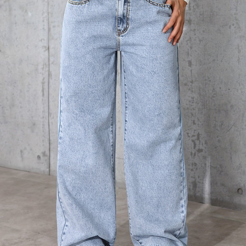 Women's High-Waisted Simple Versatile Distressed Wide Leg Jeans.