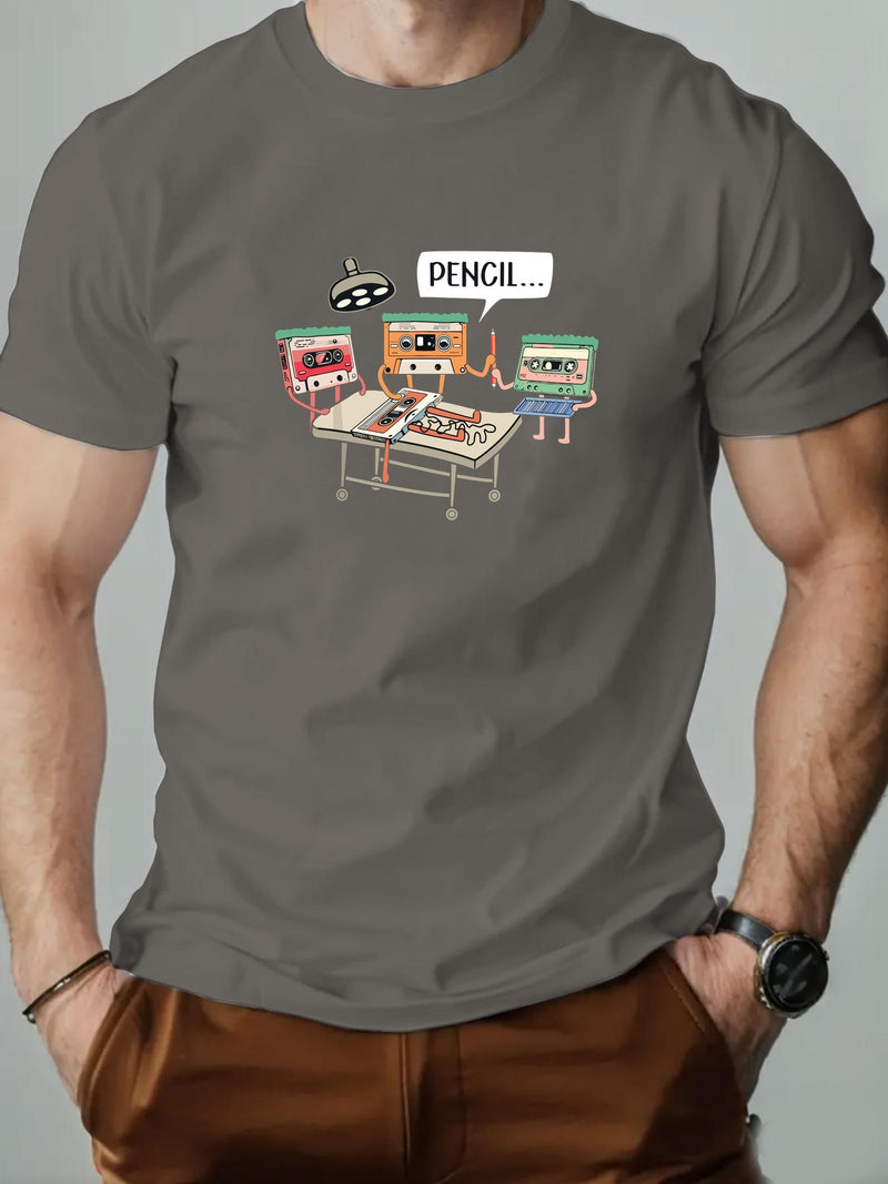 Men's Summer Casual Crew Neck Short Sleeve T-Shirt with Tape Pattern.