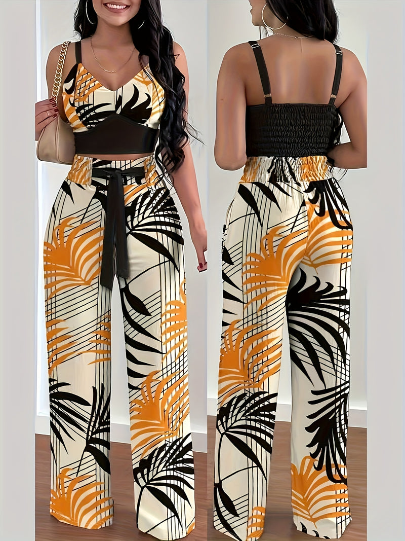 Women's Summer Club Straight-Leg Waist-Tie Print Slim-Fit High-Waist Pleated.