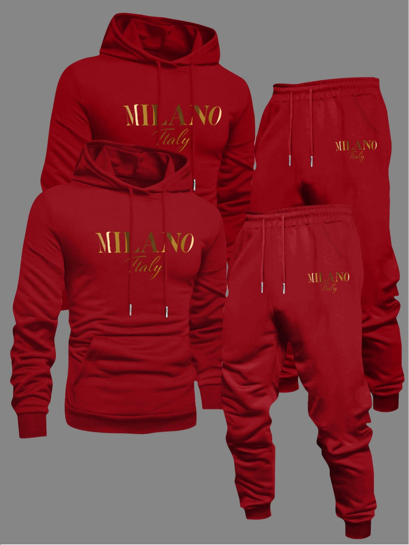Men's Fashion Slogan Hoodie Four-Piece Set with Drawstring Elastic.