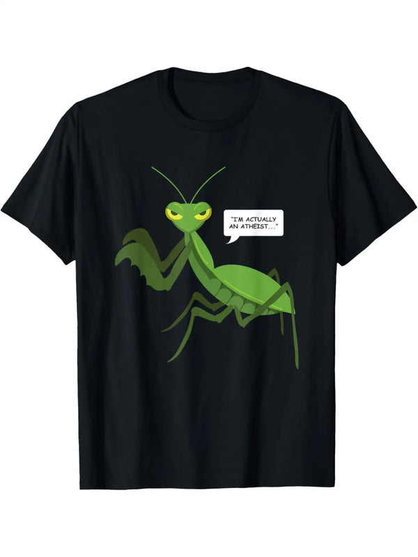 Men’s Funny Atheist Shirt - Black with Green Praying Mantis.