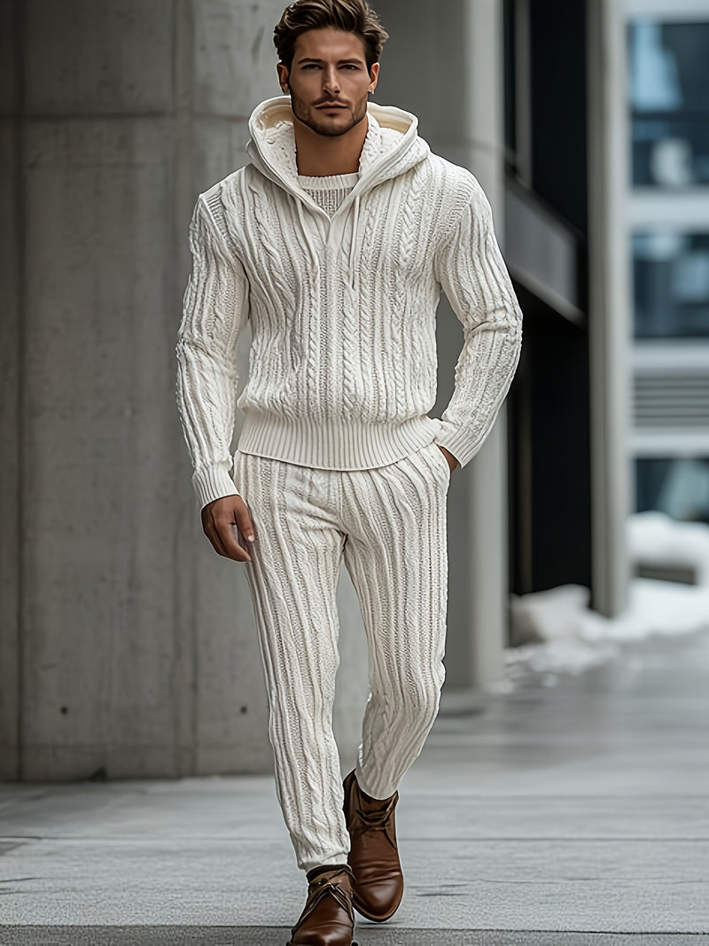 Men's Practical Work Set, Hooded Knit Set, Classic Cable Knit Craft.