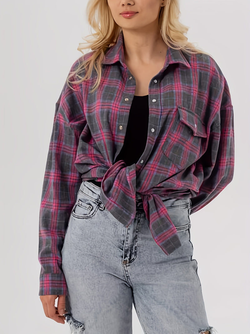 Spring Plaid Long-sleeve Pocket Women's Blouse.