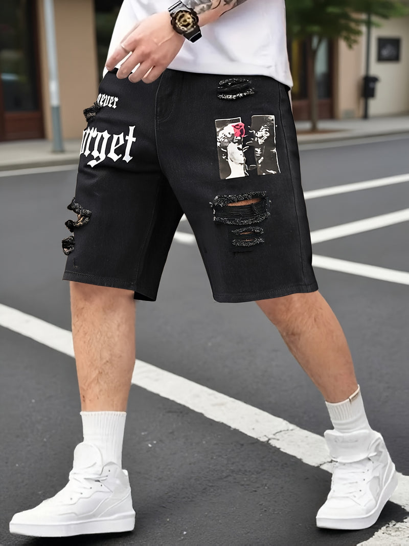 Men's Denim Shorts, Light Blue, Perforated Design, Printed, Loose Fit, Non Stretchy.
