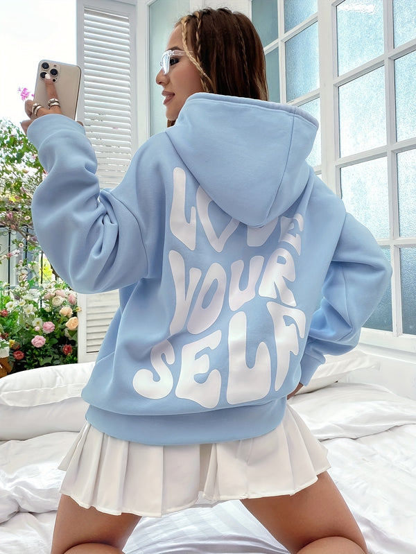 Women's Fashion Letter Print Drawstring Hooded Sweatshirt.