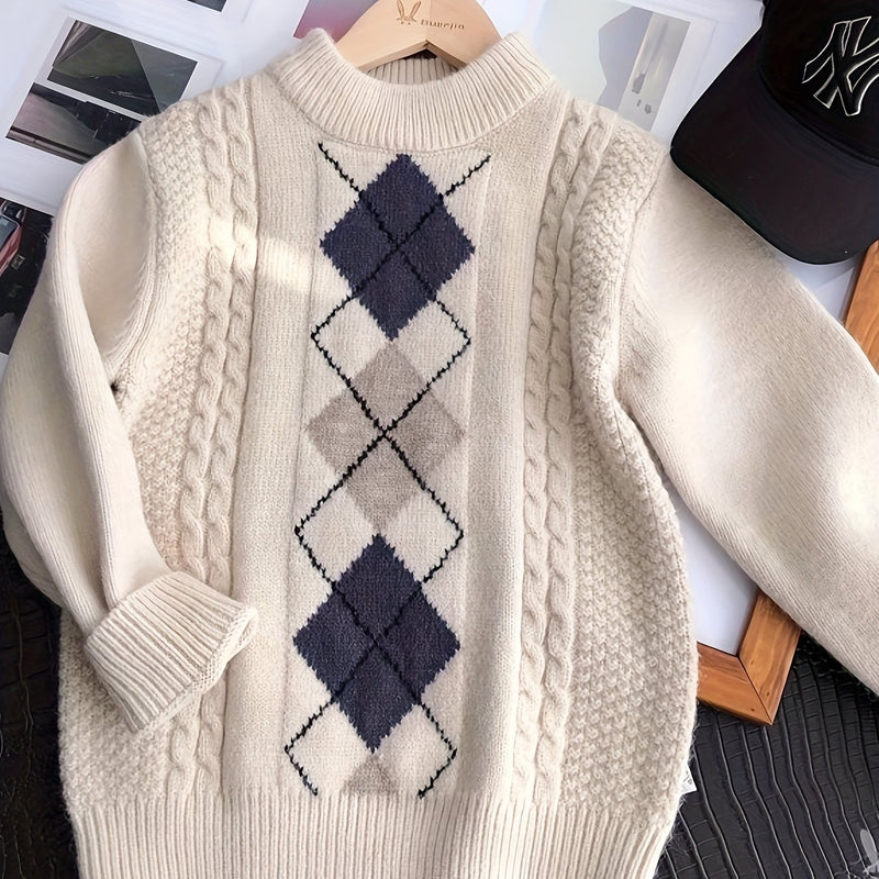 Mid-Sized Diamond Patterned Jacquard Turtleneck Sweater.