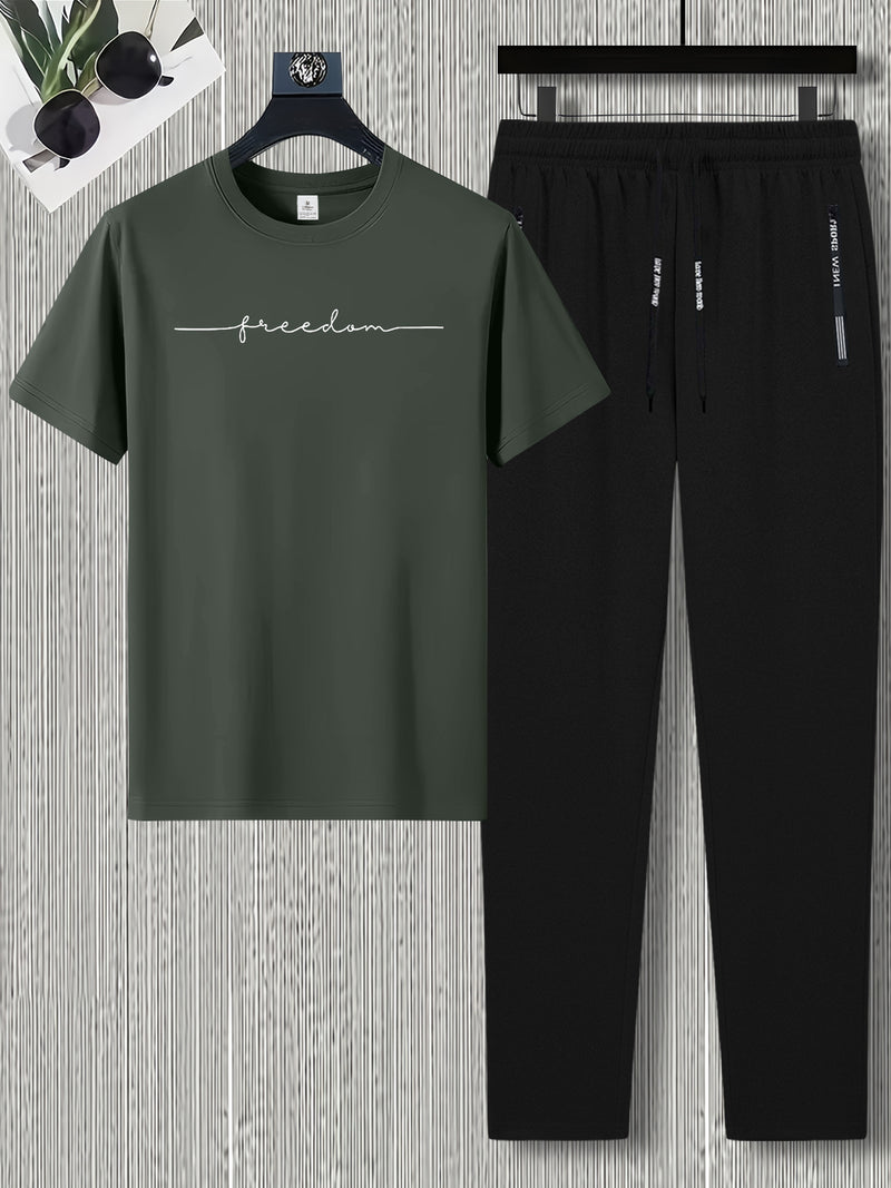 Men's Summer Design Short-Sleeve Set with Stylish Line Prints Paired.