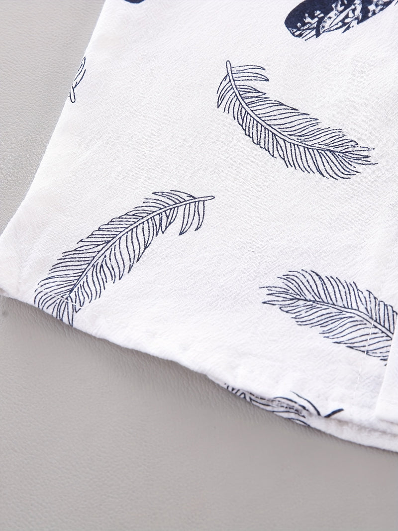 2pcs Boys' Casual Feather Shirt and Shorts Set Vibrant Yellow with Blue Accents.