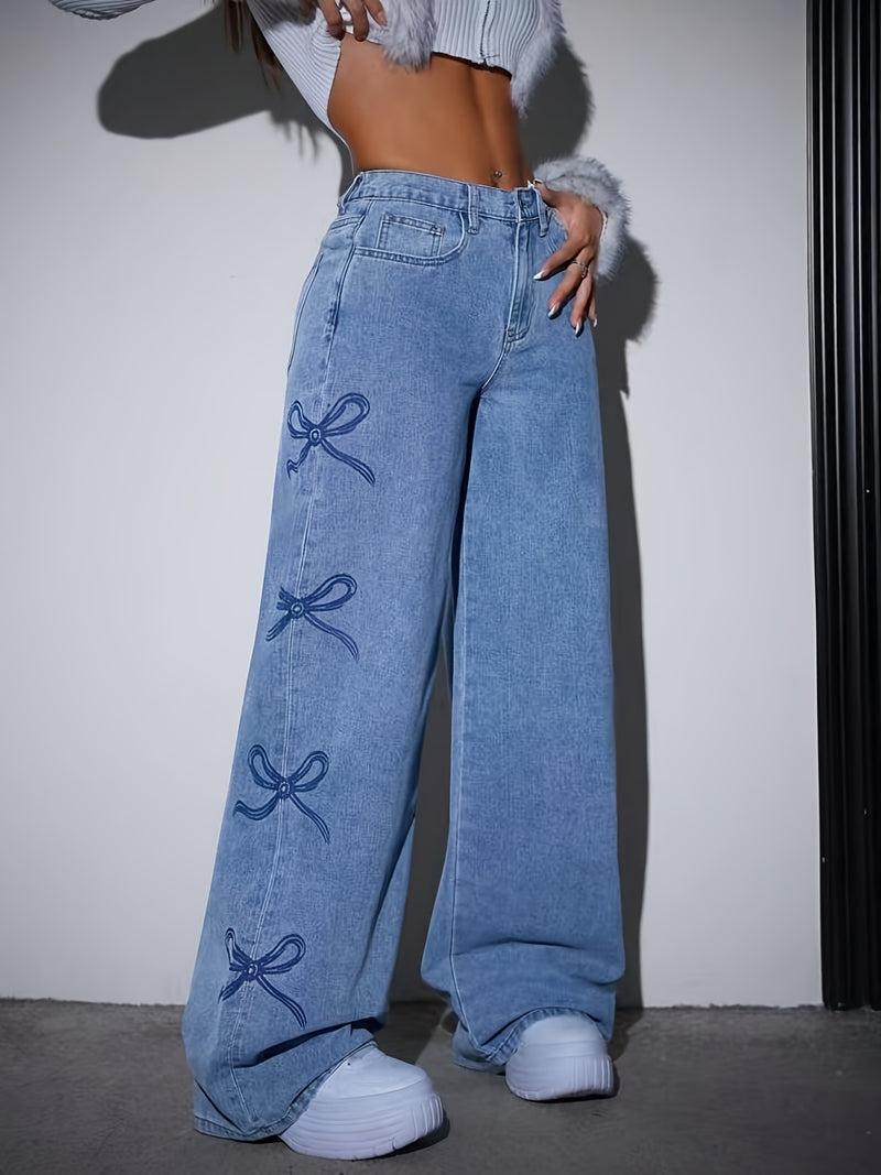 Women’s New Style Wide-Leg Jeans with Bow Embroidery.
