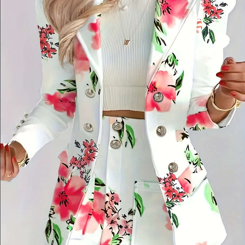 Women's Elegant Floral Print Blazer & Skirt Set.
