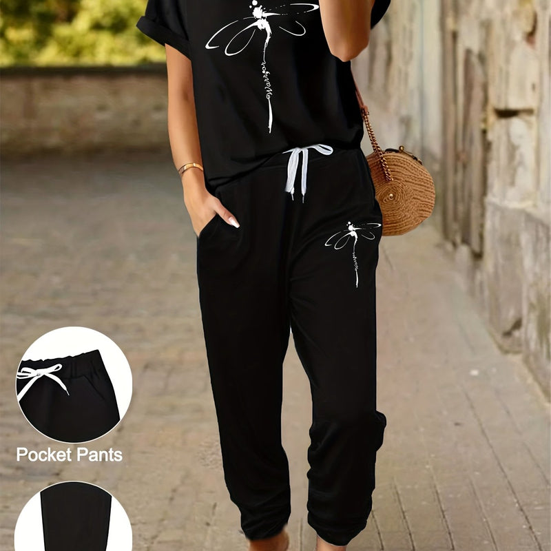 Women's 2pcs Outfit - Batwing V-Neck Top with Dragonfly & Letter Print.