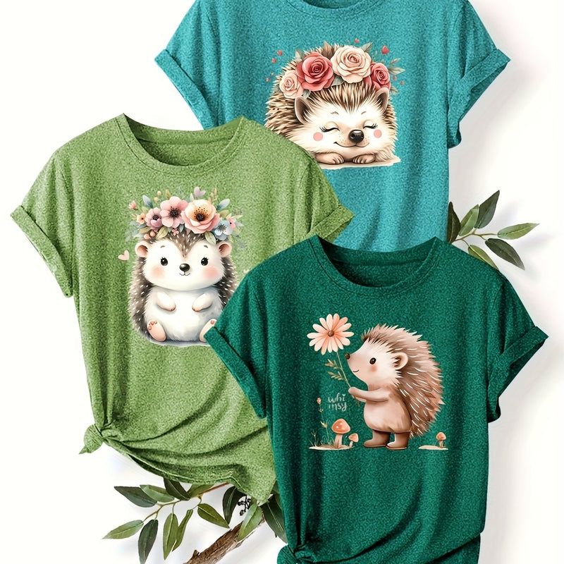 3pcs Women's Cute Hedgehog Graphic T-Shirts.