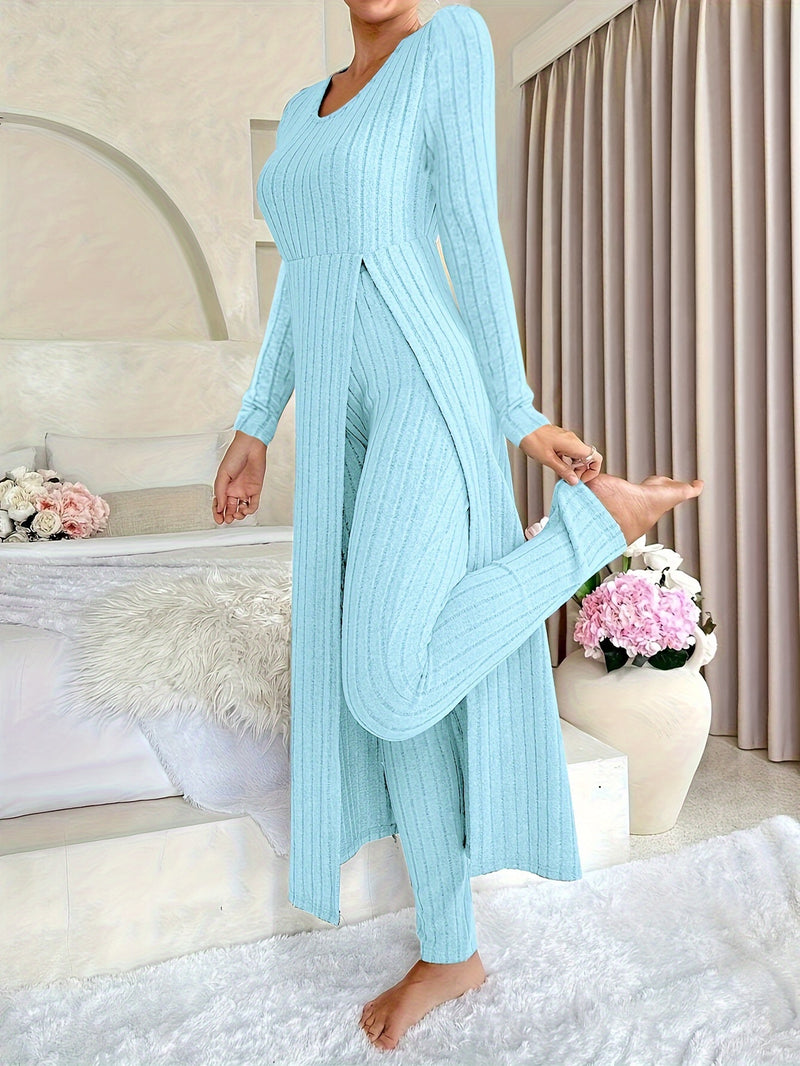 2pcs Women's Designer Round Neck Split Long Sleeve Top and Pants.
