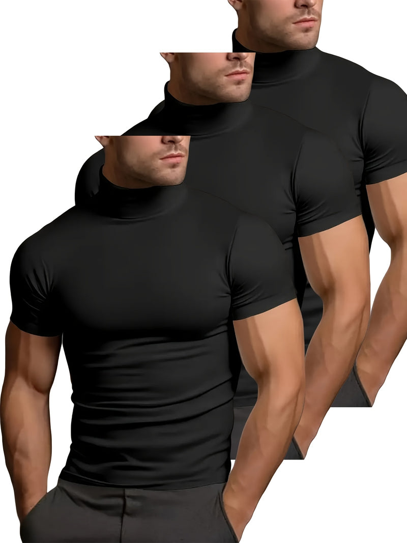 3pcs Men's Solid Color Stretchy Short-Sleeve Round Neck Sports T-Shirts.