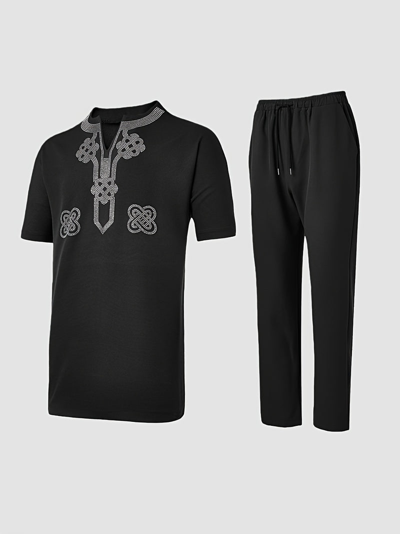 Summer New Men'S Two-Piece Suit Solid Color V-Neck Rhinestone.