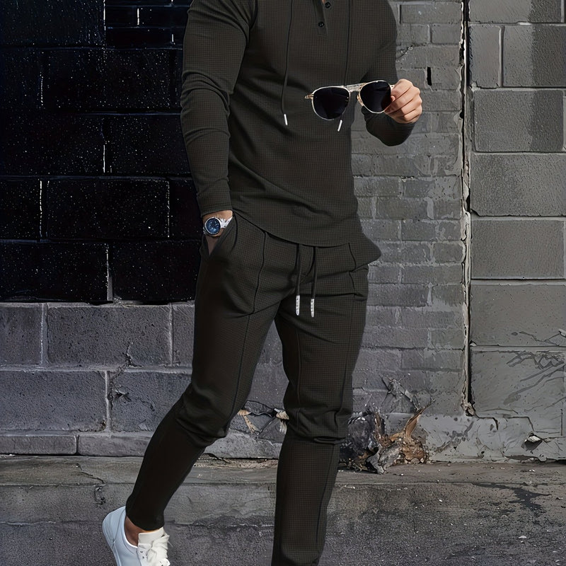A Two-Piece Casual Outfit for Men Hooded Long-Sleeve T-Shirt.