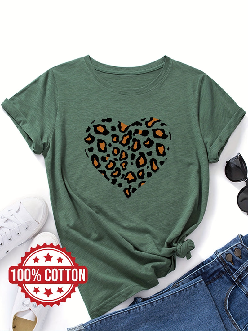 Women's "Leopard-print Heart" Graphic Print T-Shirt.