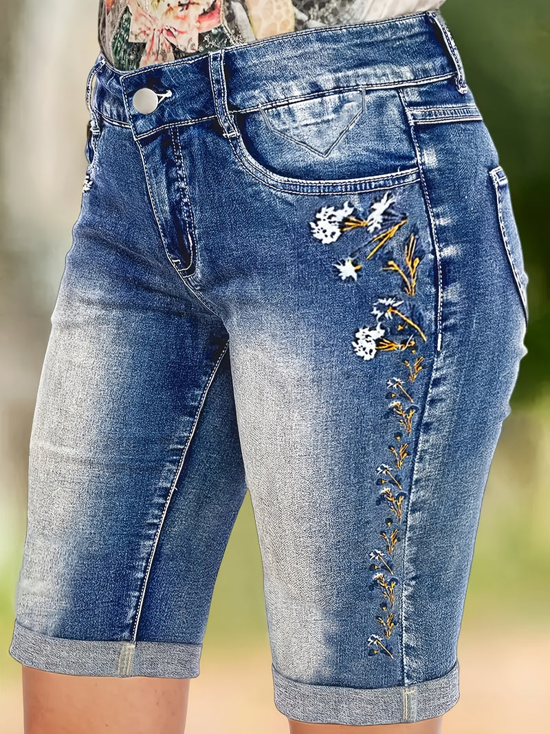 Women's Mid-Rise Denim Shorts Featuring Floral Embroidery.