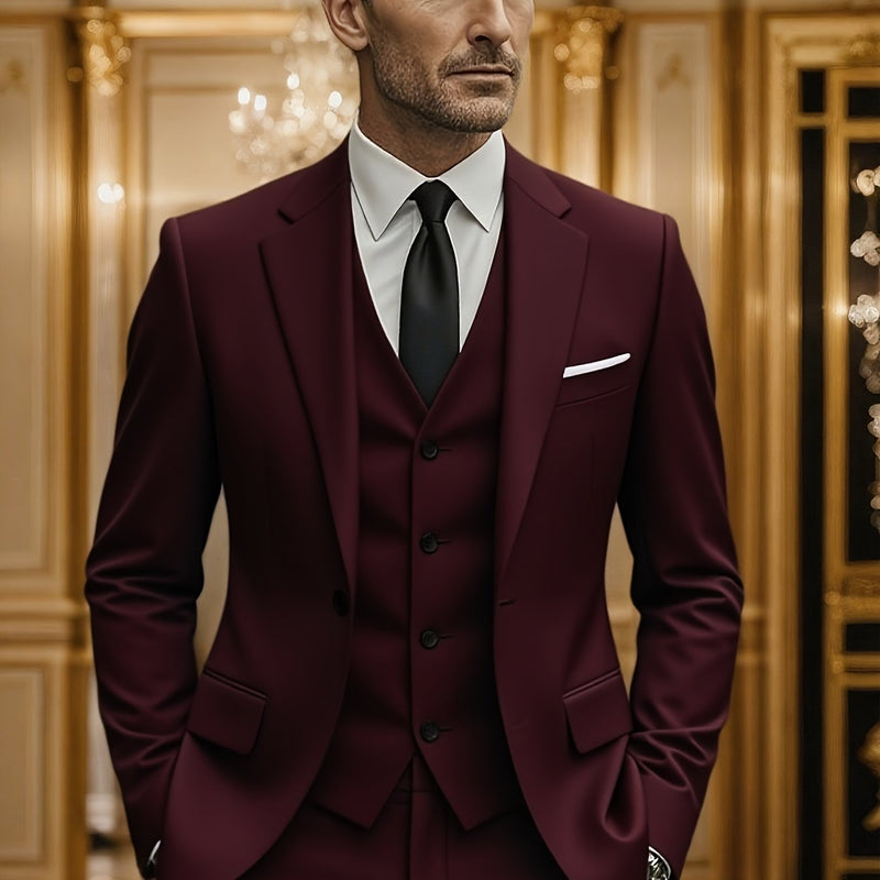 3pcs Suit Set for Men, Single-Breasted One-Button Black Suit And Trousers Set.